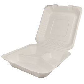 BAGASSE HINGED LID 9" X 9" 3-COMPARTMENT TO GO BOX (200)