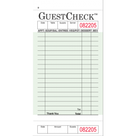 GUEST CHECK, 1-PART, 3.5" X 6.75", 18 LINES, GREEN BACKGROUND, BOARD PAPER - 2,500 CHECKS/CS