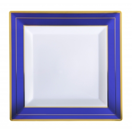 FINELINE 7.25" SQUARE PLATE, WHITE WITH COBALT BLUE AND GOLD BAND TRIM, 5507-WH-BG (120)