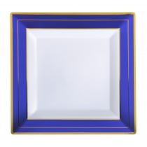 FINELINE 7.25" SQUARE PLATE, WHITE WITH COBALT BLUE AND GOLD BAND TRIM, 5507-WH-BG - 120 PER CASE