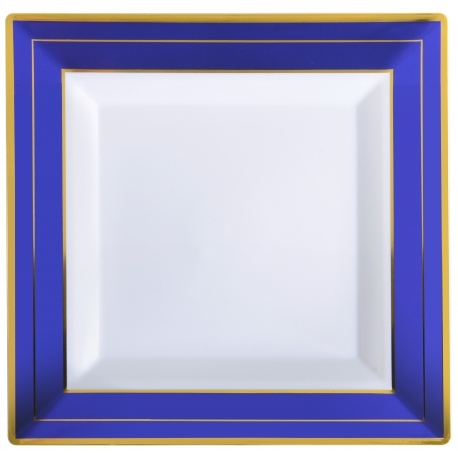 FINELINE 10" SQUARE PLATE, WHITE WITH COBALT BLUE AND GOLD BAND TRIM, 5510-WH-BG - 120 PER CASE
