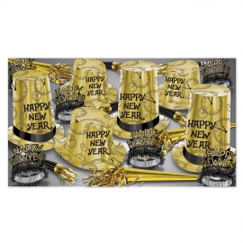 BEISTLE GOLD SUPER HI-HAT NEW YEAR'S PARTY FAVOR KIT FOR 50 PEOPLE