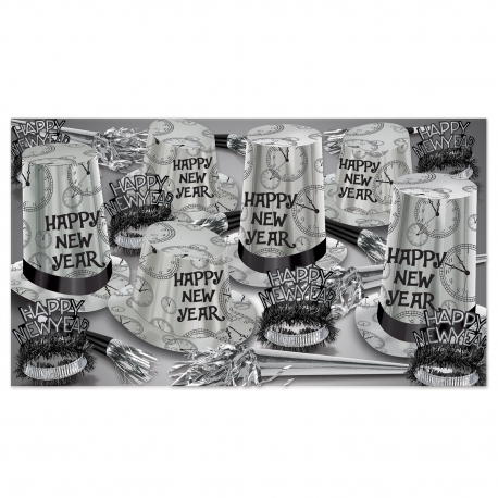 BEISTLE SILVER SUPER HI-HAT NEW YEAR'S PARTY FAVOR KIT FOR 50 PEOPLE