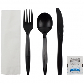 CUTLERY KIT, BLACK, HEAVY-WEIGHT, K/F/S-NAPKIN-SALT & PEPPER, INDIVIDUALLY WRAPPED (250)