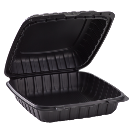 BLACK ONE COMPARTMENT 9" TO GO CONTAINER, MINERAL-FILLED POLYPROPYLENE PLASTIC, HINGED LID (120)