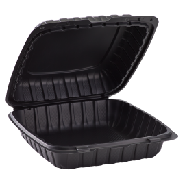 BLACK ONE COMPARTMENT 9" TO GO CONTAINER, MINERAL-FILLED POLYPROPYLENE PLASTIC, HINGED LID (150)