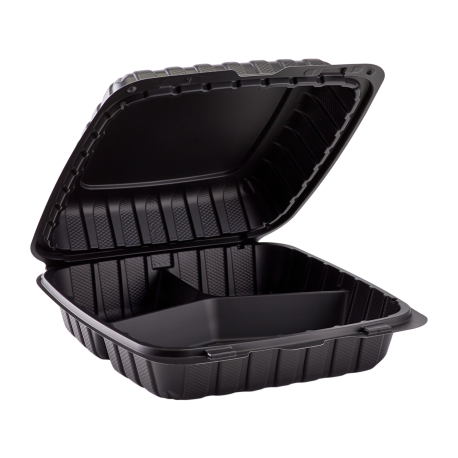 ECOPAX BLACK THREE COMPARTMENT 9" TO GO CONTAINER, MINERAL-FILLED POLYPROPYLENE PLASTIC, HINGED LID (150)